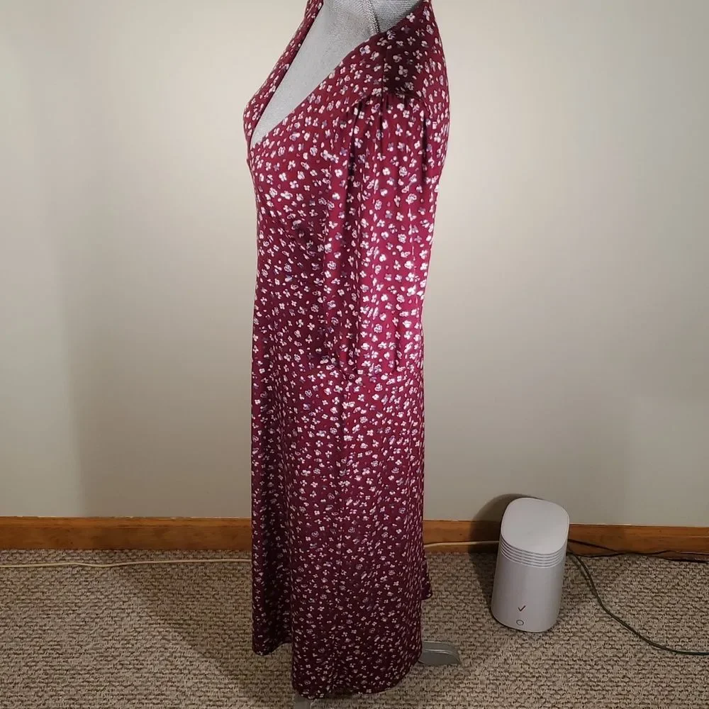 All In Favor Burgundy Floral Puff Sleeve Midi Dress Size M Medium - Picture 6 of 11